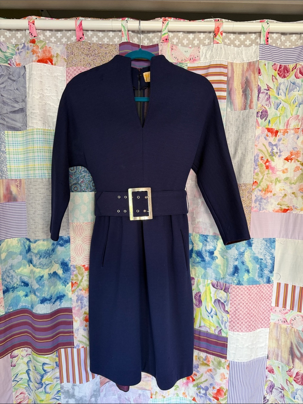 Vintage Navy Midi Dress with Buckle Belt